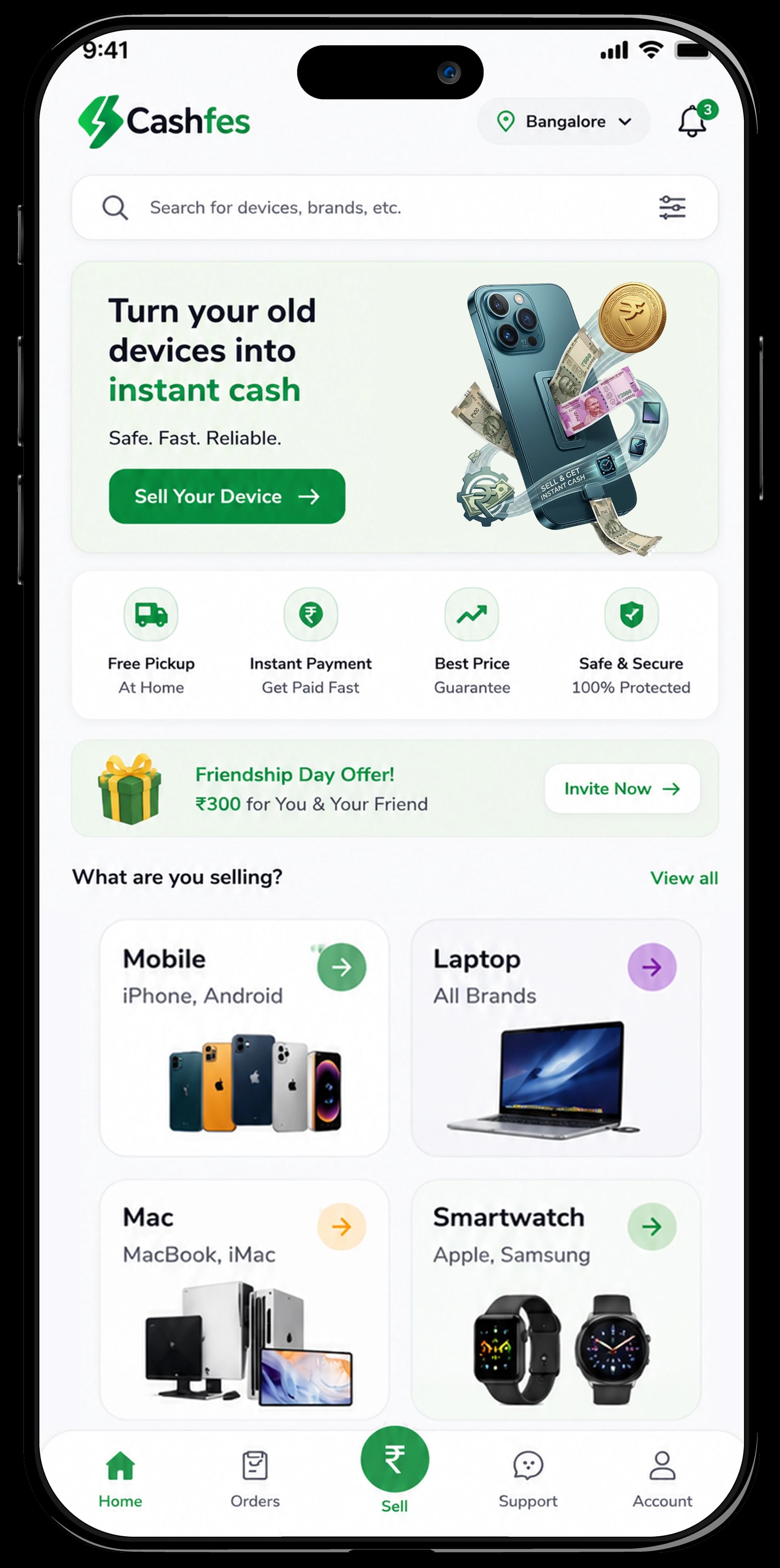 Cashfes app home screen showing instant device valuation and category browsing